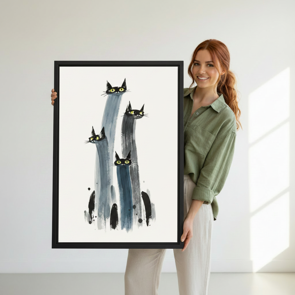 Woman holding large framed minimalist black cat watercolor canvas wall art — modern cat lover home decor
