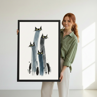 Woman holding large framed minimalist black cat watercolor canvas wall art — modern cat lover home decor