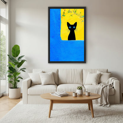 Black cat blue eyes bold color block framed art print, black frame, Mediterranean style, hung above a cream sofa in a bright Scandinavian living room