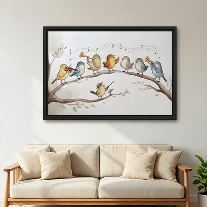 Black-framed bird orchestra canvas wall art showing musical birds and a conductor above a wooden console.