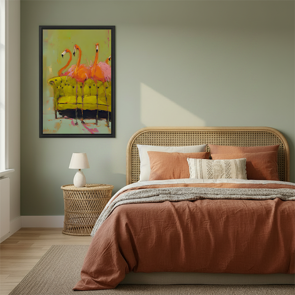 Pink flamingos abstract canvas wall art framed above a boho bedroom nightstand
