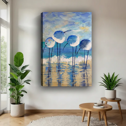 Whimsical shorebirds on beach watercolor canvas art gallery wrap — coastal ocean wall decor for bird lovers