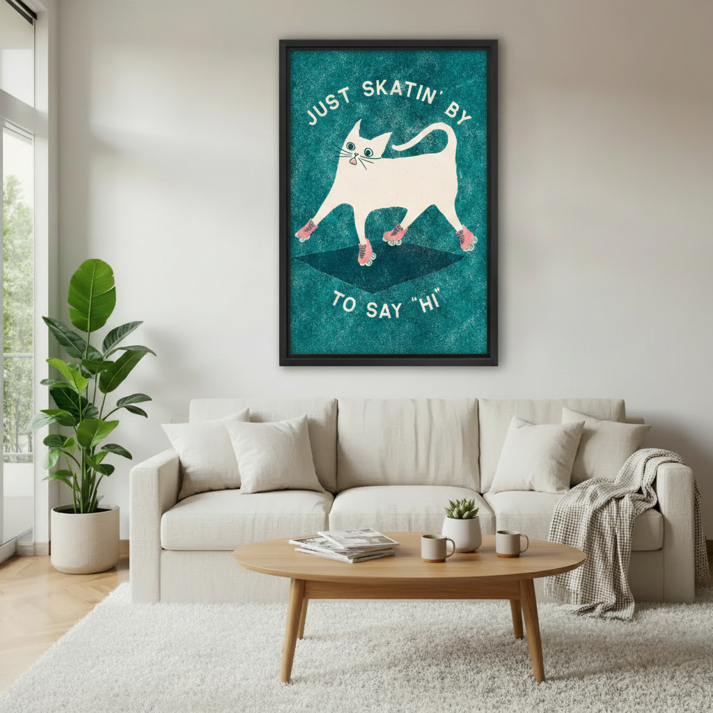 Funny white cat on roller skates "Just Skatin' By To Say Hi" framed art print, black frame, teal retro background, hung above a cream sofa in a Scandinavian living room