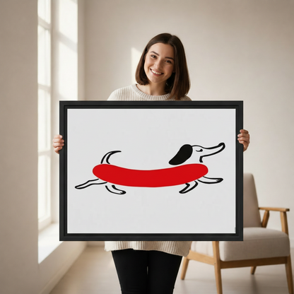 Minimalist Red Dachshund Framed Canvas Wall Art - Line Art Dog Print Gift Idea