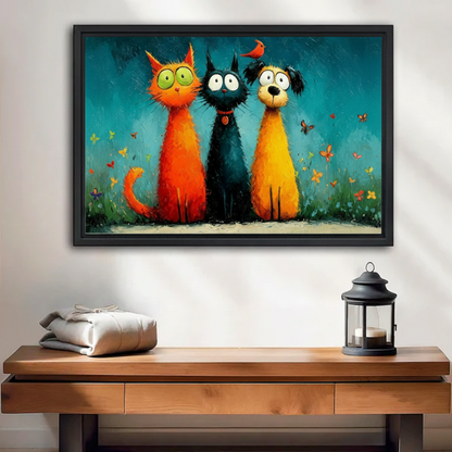 Whimsical cat dog trio framed wall art above console table with lantern, teal pet print
