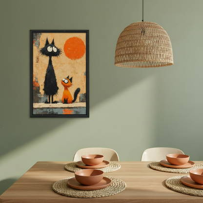 Whimsical Black Orange Cat Duo Wall Art Canvas Print l2031