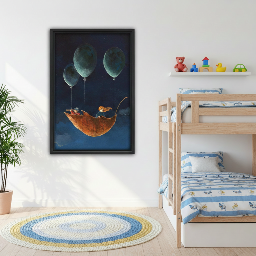 Fantasy balloon leaf children framed canvas print hanging in a children's bedroom above wooden bunk beds, whimsical night sky kids room art