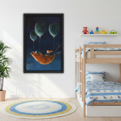 Fantasy balloon leaf children framed canvas print hanging in a children's bedroom above wooden bunk beds, whimsical night sky kids room art
