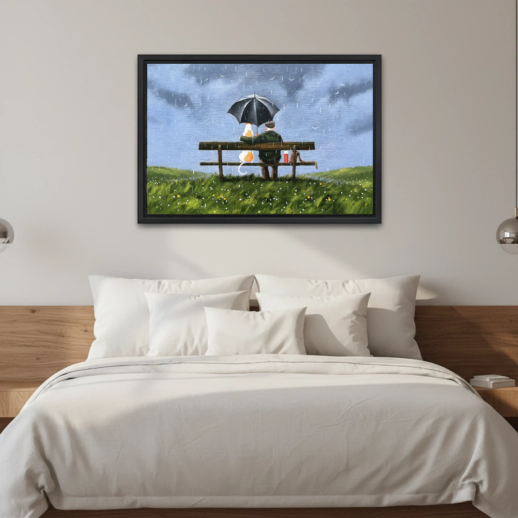 Heartwarming old man and cat under umbrella framed canvas above bed, rainy bench oil painting bedroom wall art