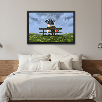 Heartwarming old man and cat under umbrella framed canvas above bed, rainy bench oil painting bedroom wall art