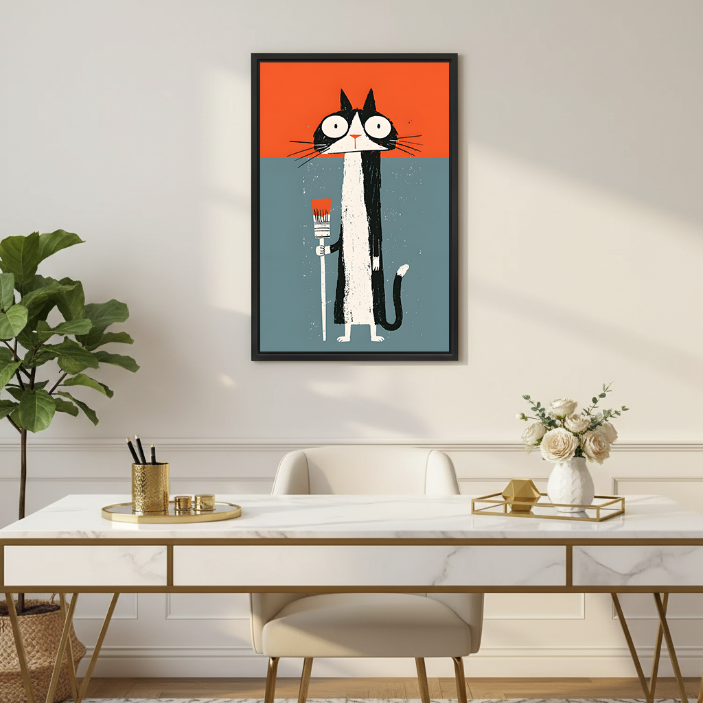 Gallery-wrap graphic cat painter canvas wall art displayed beside a bed in a modern bedroom