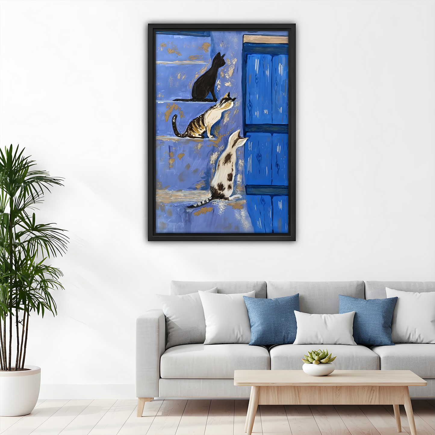 Mediterranean Cats Blue Door Framed Canvas Wall Art l2641