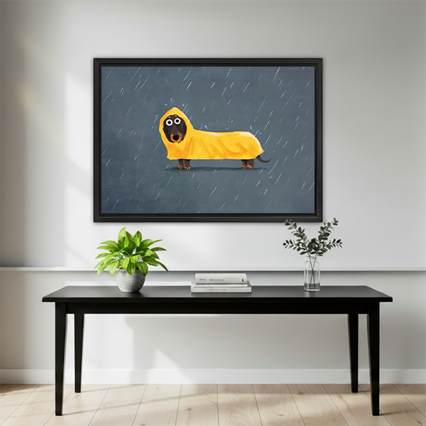 Cute dachshund raincoat framed art print displayed above minimalist black console