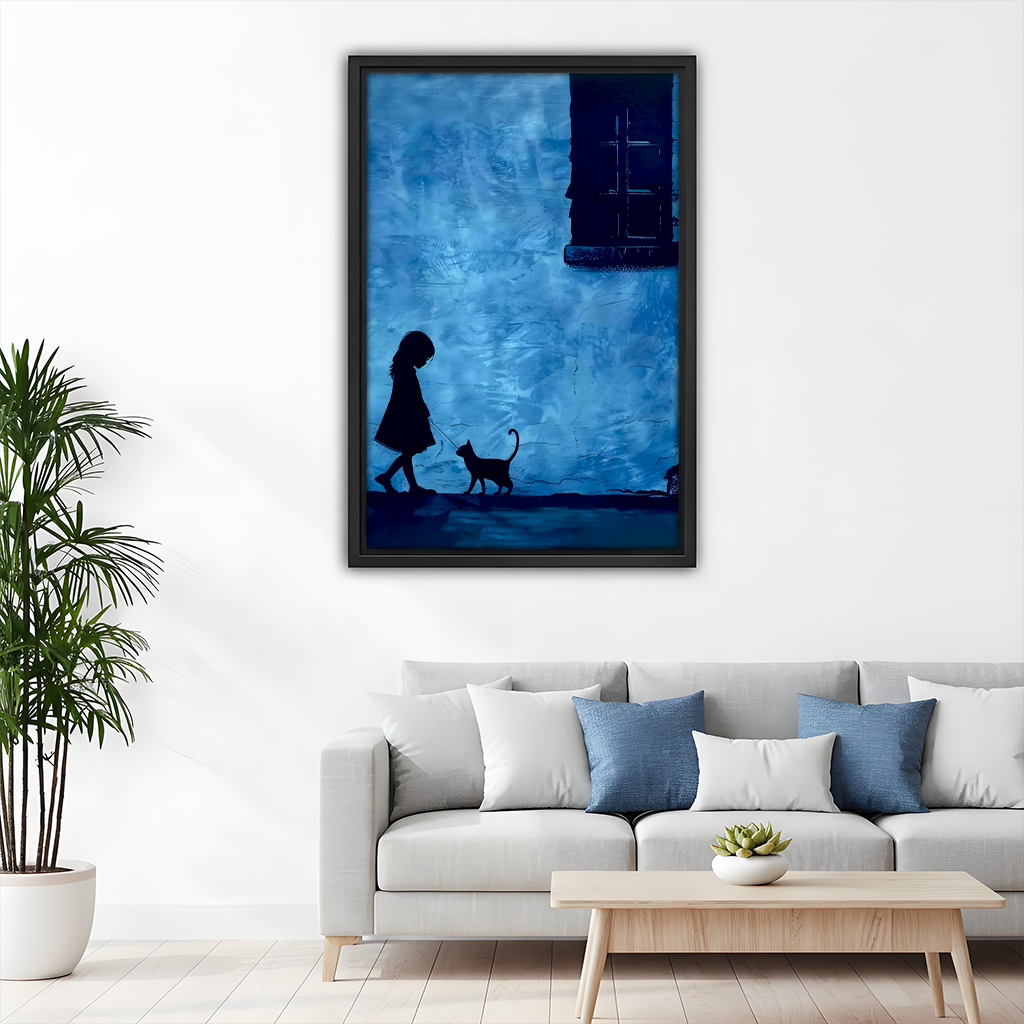 Blue silhouette minimalist wall art print in black frame decorating kids bedroom with bunk bed and colorful rug