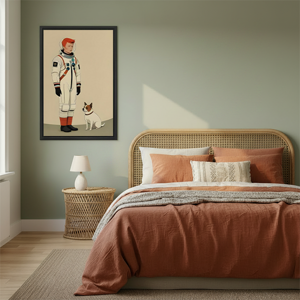 Minimalist astronaut and dog wall art print in warm boho bedroom decor
