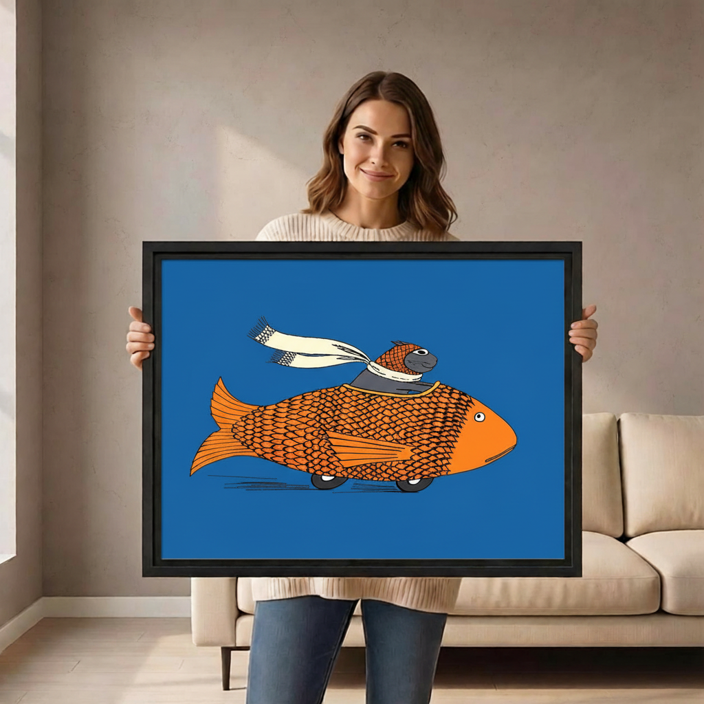 Woman holding funny cat riding goldfish canvas print whimsical wall art