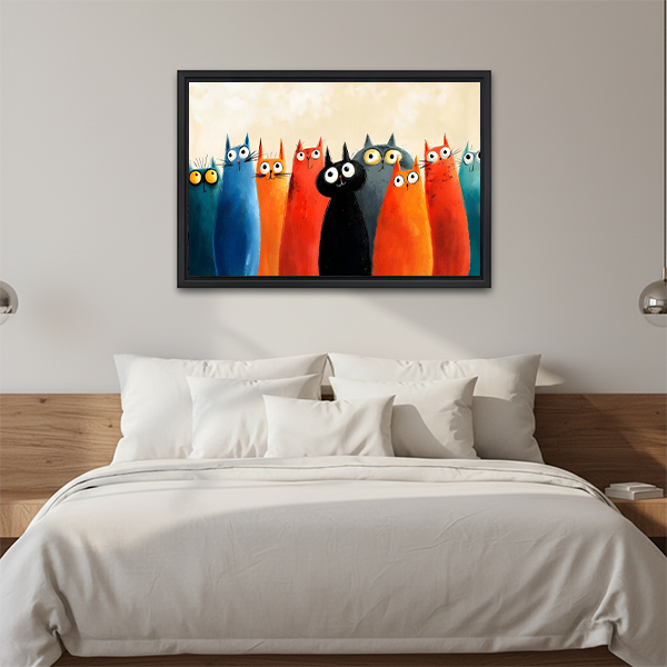Funny colorful cats framed canvas print above bed – vibrant whimsical cat wall art for bedroom
