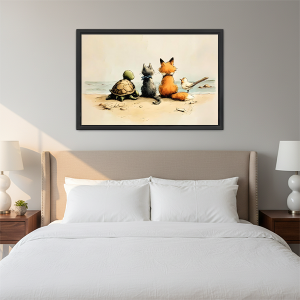 Turtle gray cat orange fox and small bird sitting side by side on sandy beach facing the ocean vintage illustration style framed wall art hung on warm grey wall above upholstered bed with crisp white bedding wooden nightstands and white bubble table lamps in cozy bedroom