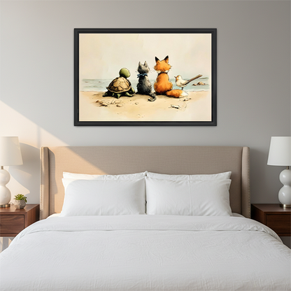 Turtle gray cat orange fox and small bird sitting side by side on sandy beach facing the ocean vintage illustration style framed wall art hung on warm grey wall above upholstered bed with crisp white bedding wooden nightstands and white bubble table lamps in cozy bedroom
