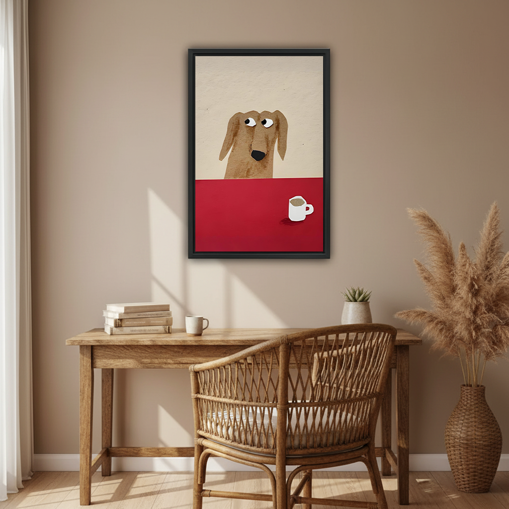 Dachshund peeking over red table coffee minimalist canvas art in black frame above rustic wooden desk with rattan chair
