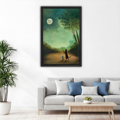 Whimsical Cat Mouse Moon Kite Framed Canvas Wall Art l2639
