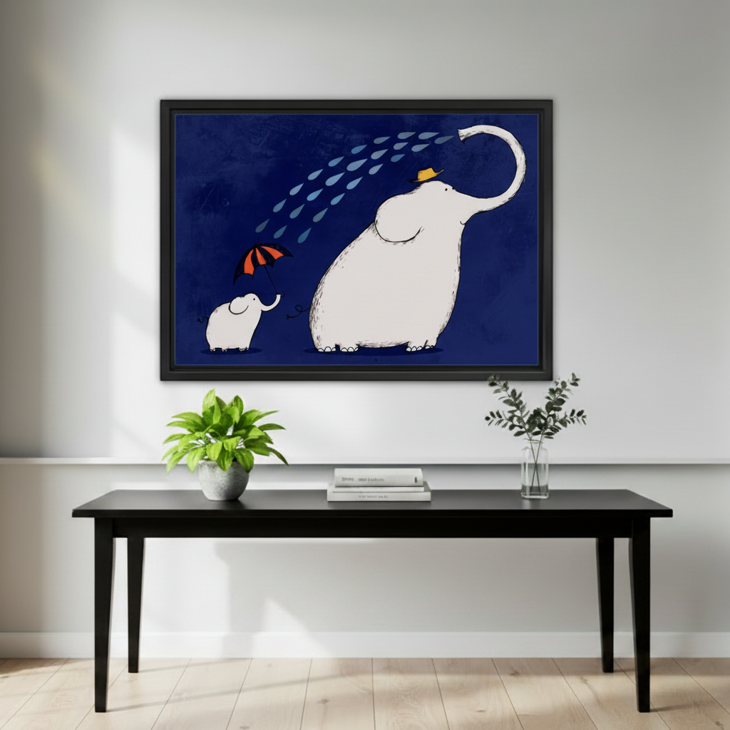 Playful elephant mother and baby red umbrella water spray whimsical navy blue wall art print in black frame above black console table with stacked books green plant and glass vase in minimalist hallway