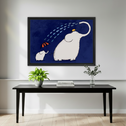 Playful elephant mother and baby red umbrella water spray whimsical navy blue wall art print in black frame above black console table with stacked books green plant and glass vase in minimalist hallway