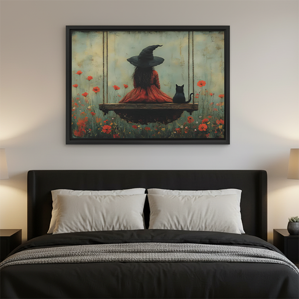 Vintage witch girl black cat red poppy wall art print above bed dark cottagecore bedroom decor
