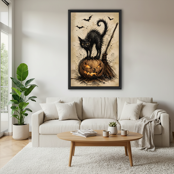 Black cat and pumpkin canvas wall art in a black frame beside a rattan bed with terracotta bedding.