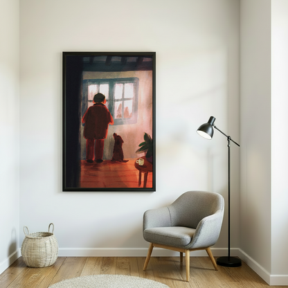 Man and dog at window vintage oil painting framed wall art hung on white wall beside grey armchair and floor lamp in Scandinavian reading nook