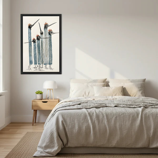 Five tall abstract blue grey tribal birds with red fluffy crests long pointed beaks and dot texture patterns folk art hand-drawn illustration on aged cream background framed wall art hung on white wall above Scandinavian bed with grey linen duvet cream pillows wooden nightstand with white dome lamp and small green succulent beside large window with natural light