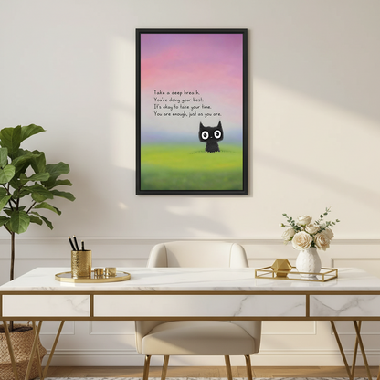 Kawaii black cat motivational quote framed wall art print in elegant home office with marble desk