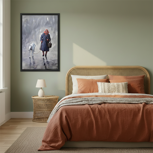 Framed oil painting of elderly woman and white dog in the rain above a boho bedroom bed with terracotta bedding, sentimental figurative wall art