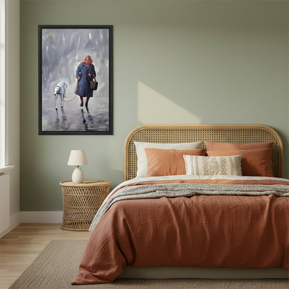 Framed oil painting of elderly woman and white dog in the rain above a boho bedroom bed with terracotta bedding, sentimental figurative wall art