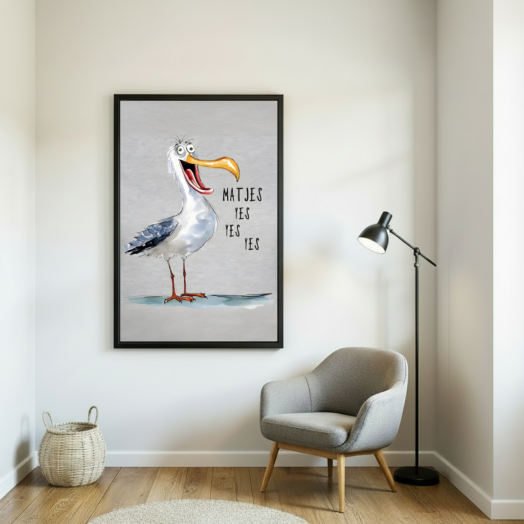Funny seagull 'Matjes Yes Yes Yes' framed wall art print beside grey armchair and floor lamp – coastal humor bird illustration in minimalist reading nook