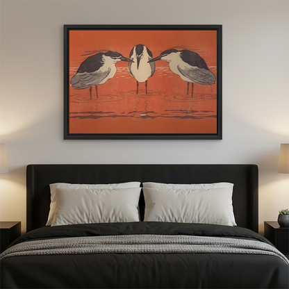 Japanese woodblock heron rust red wall art print above dark bed frame modern bedroom decor