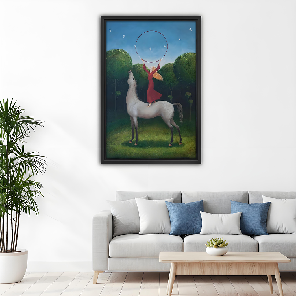 Dreamy horse rider wall art print above sofa, fantasy framed home decor for living room