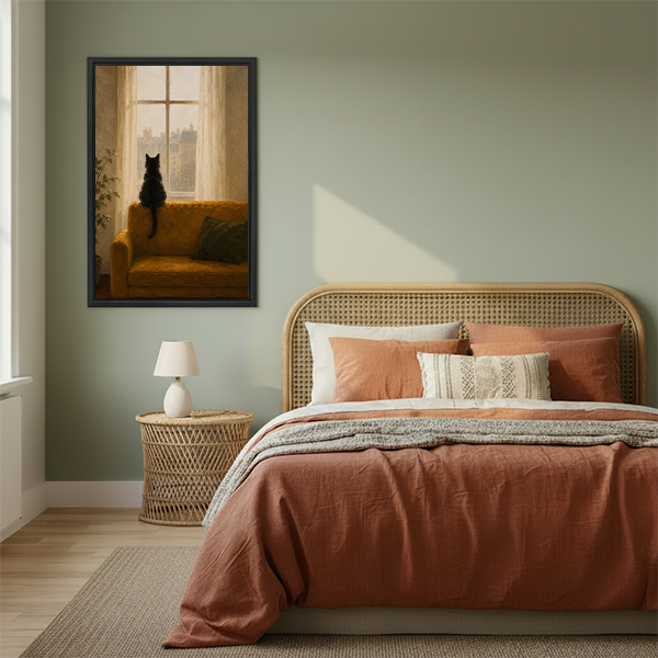 Moody black cat window canvas wall art in boho bedroom decor, warm amber oil painting print
