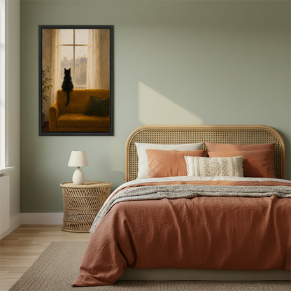 Moody black cat window canvas wall art in boho bedroom decor, warm amber oil painting print

