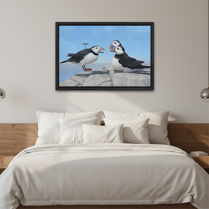 Two puffins coastal framed canvas print above bed – whimsical ocean bird wall art for bedroom
