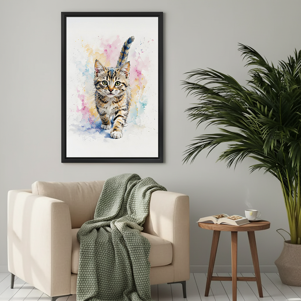 Framed watercolor kitten art print on wall above beige armchair in Scandinavian-style living room