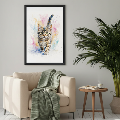 Framed watercolor kitten art print on wall above beige armchair in Scandinavian-style living room