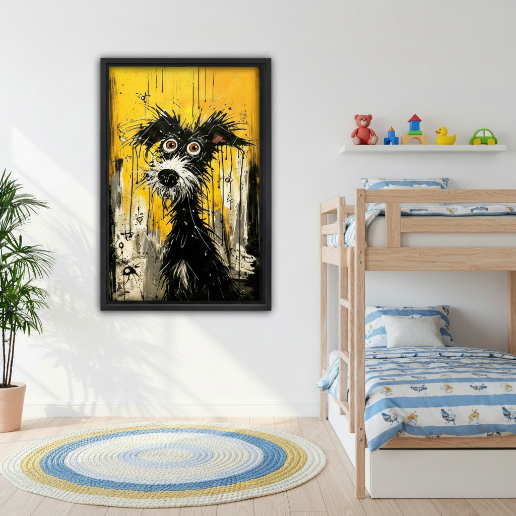 Graffiti dog pop art framed canvas print in kids room — fun bold yellow dog wall art for playful bedroom decor