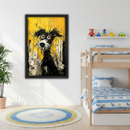 Graffiti dog pop art framed canvas print in kids room — fun bold yellow dog wall art for playful bedroom decor
