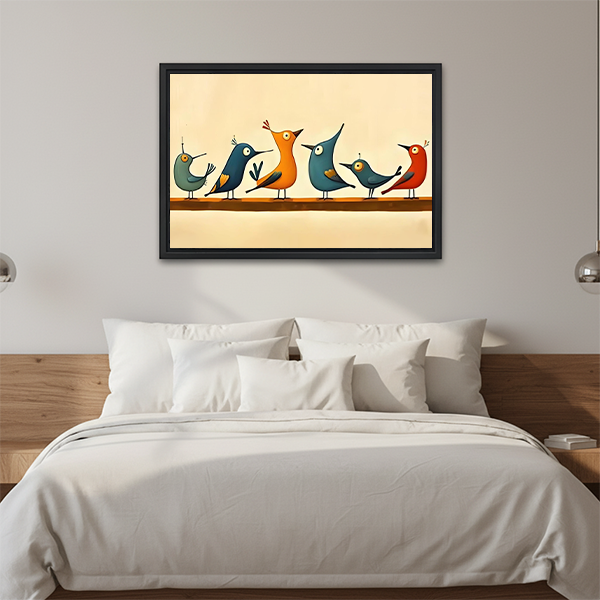 Retro mid-century modern colorful birds on branch wall art print above wooden bed frame bedroom decor