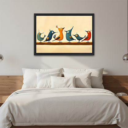 Retro mid-century modern colorful birds on branch wall art print above wooden bed frame bedroom decor