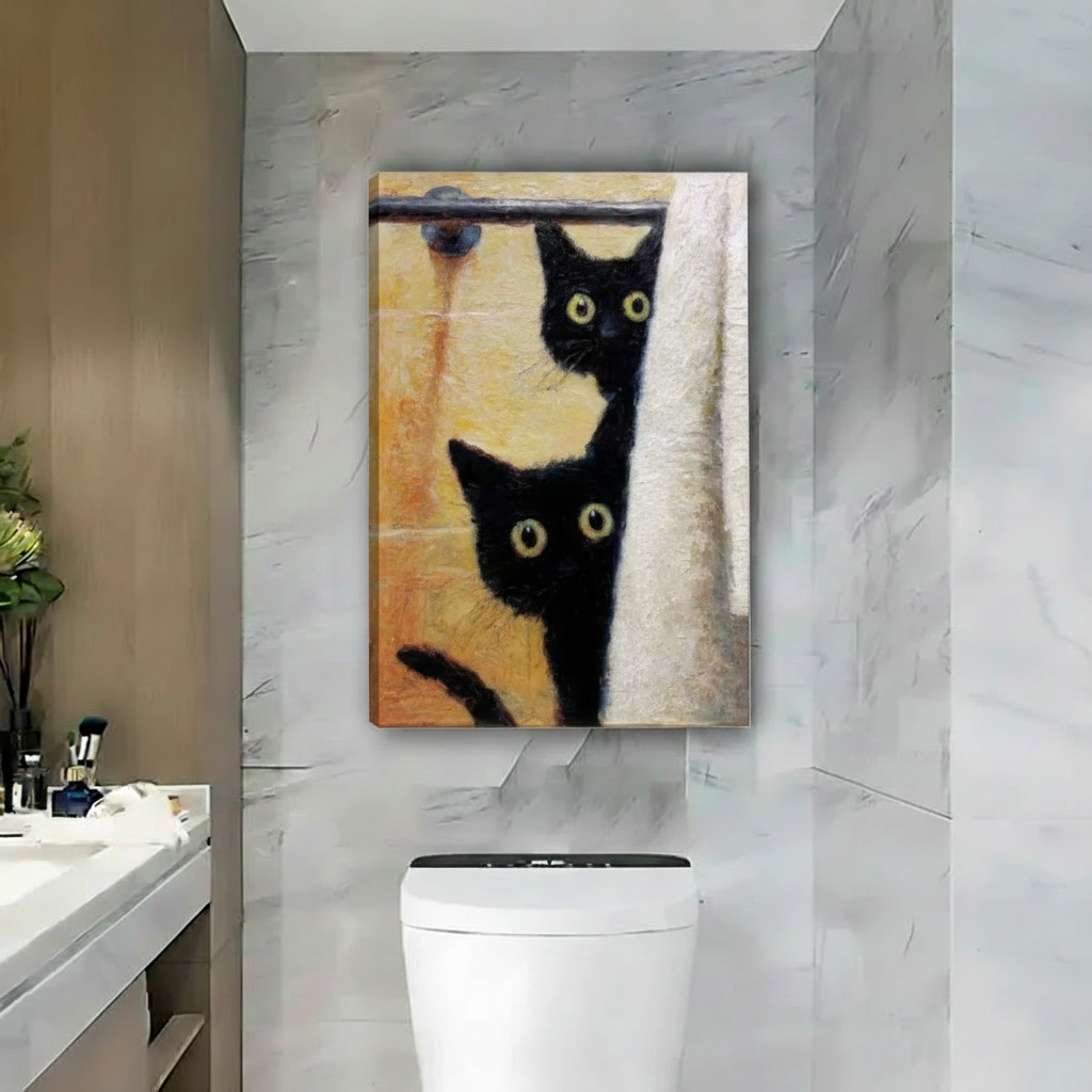 Funny black cats peeking shower curtain canvas wall art gallery wrap, two wide-eyed black cats on warm yellow background, frameless print above toilet in marble bathroom