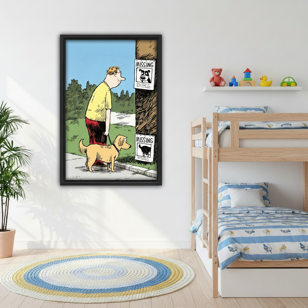 Funny dog walk missing poster framed canvas print hanging in a children's bedroom above wooden bunk beds, quirky comic wall art for kids