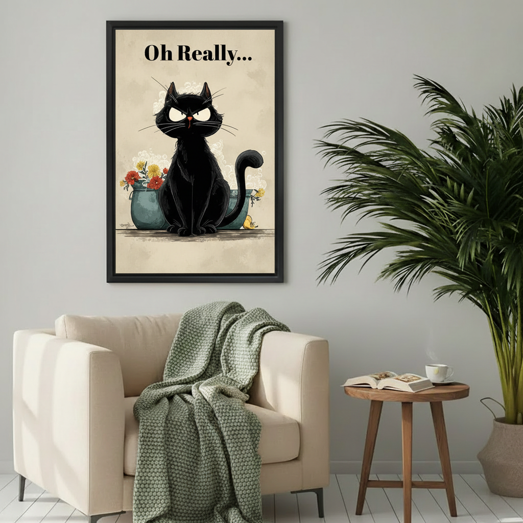 "Oh Really" Grumpy Black Cat Vintage Canvas Wall Art l2012