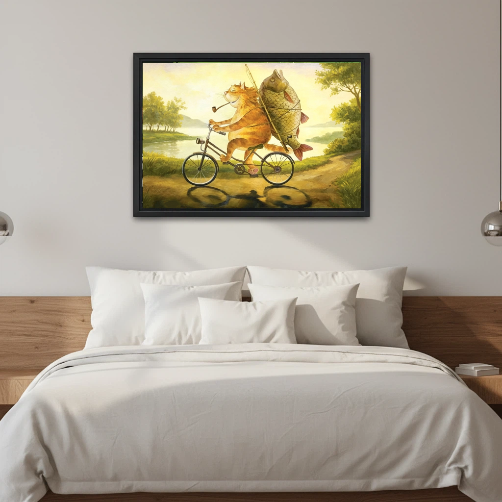 Whimsical cat riding bike with fish framed canvas above bed, funny animal wall art bedroom decor golden tones